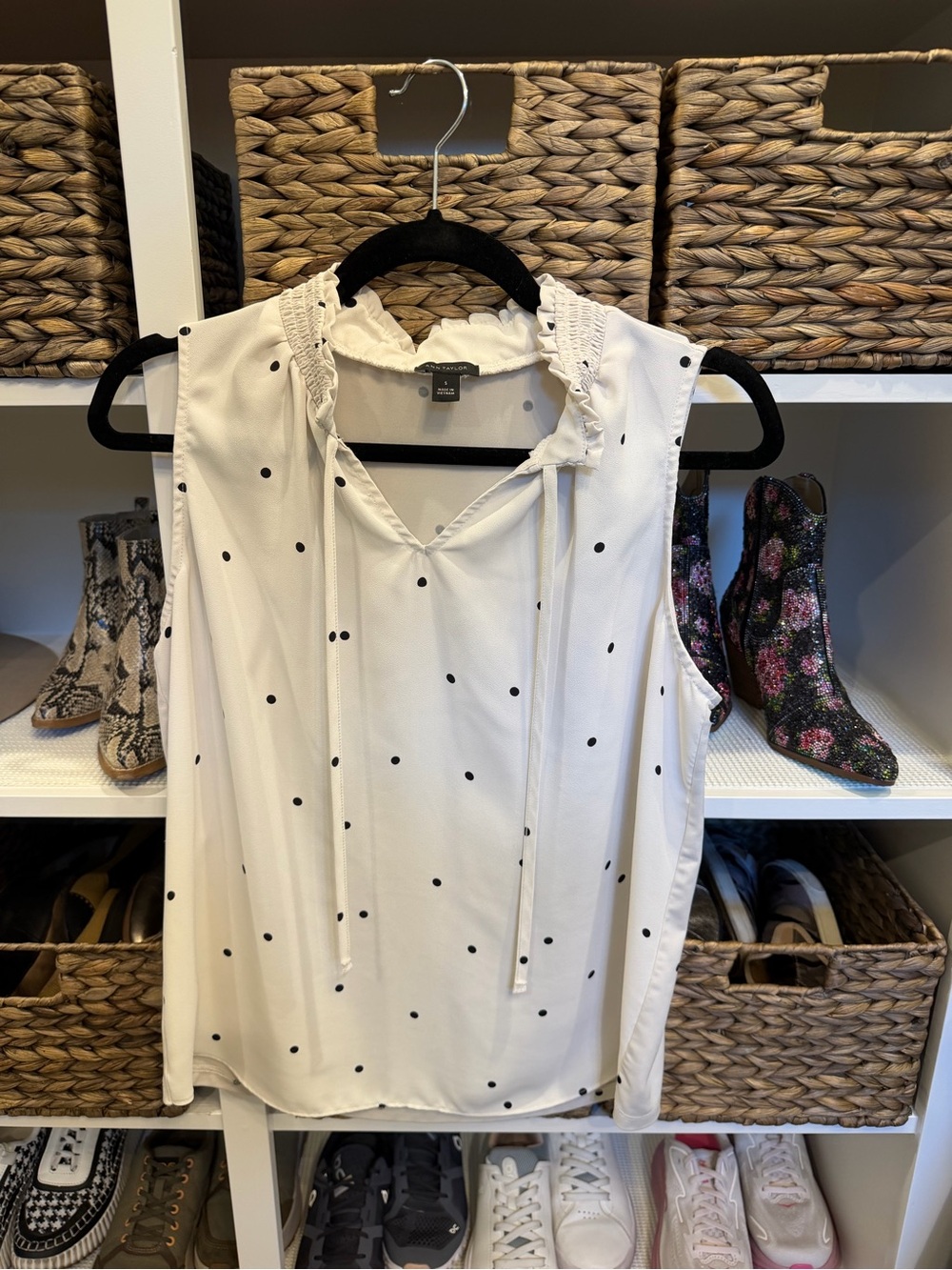Ann Taylor White Polka Dot Tie-Neck Sleeveless Top